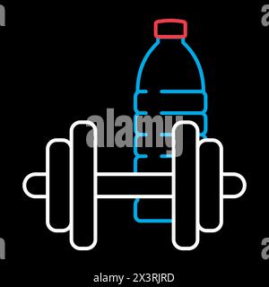 Gym exercise dumbbell with water bottle vector on black background icon. Graph symbol for fitness and weight loss web site and apps design, logo, app, Stock Vector