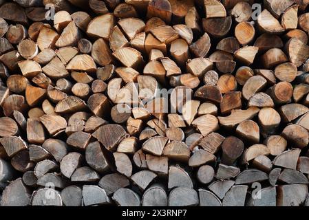 Stack of split raw wood logs as fuel for heating. Firewood pattern background Stock Photo