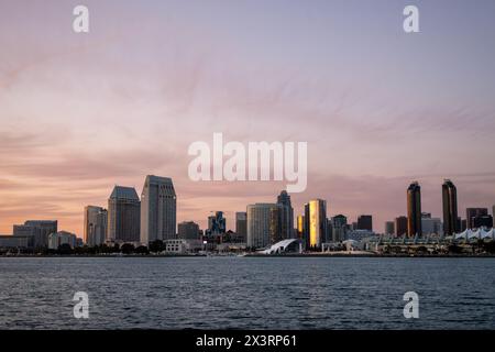 San Diego, CA. April 7, 2024. Sunset from the Coronado Island overseing the city' skyline with sunset sky copy space Stock Photo