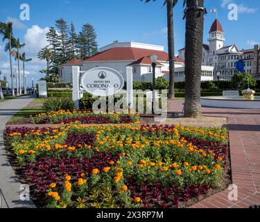 San Diego, CA. April 5, 2024. Hotel del Coronado welcome sign and garden. Built in 1888, this hotel is a historical tourist attraction in the island o Stock Photo