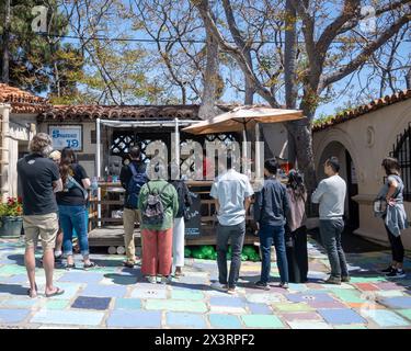 San Diego, CA. April 6, 2024. Glass blowing demo at Balboa Parks artist village attended by the public Stock Photo