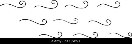 Sea waves or air flow icons. Hand drawn curled simple lines. Sea storm scribble. Vector illustration in doodle style isolated on white background. Stock Vector