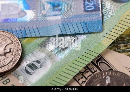 American dollars and European euros close-up, different convertible currencies of euros and dollars together Stock Photo