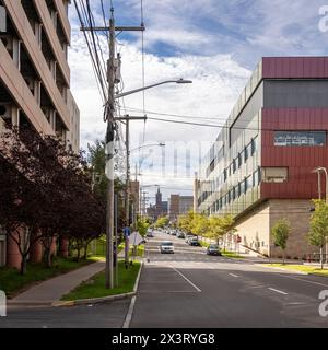 Looking up Irving Avenue towards Syracuse University, your gaze is drawn toward the majestic sight of Crouse College perched atop the hill. Stock Photo