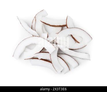 Pieces of fresh coconut isolated on white, top view Stock Photo