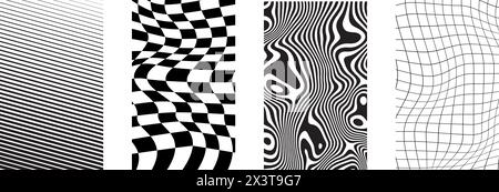 Set of striped, distorted checkered and curvy backgrounds. Psychedelic patterns with warped squares, straight wavy lines. Groovy posters in retro 60s Stock Vector