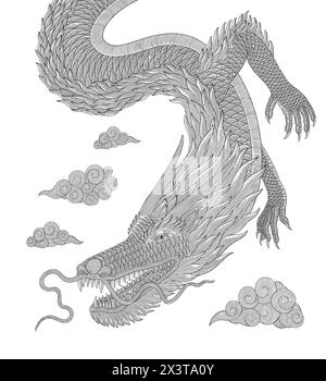 Japanese dragon with cloud,  vector vintage engraving drawing style illustration Stock Vector