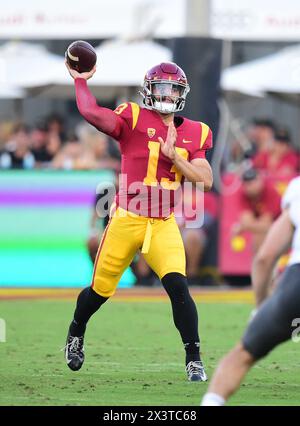 (FILE PHOTOS)  former USC Trojans quarterback (13) Caleb Williams who is projected to go in the Top 3 in the 2024 NFL Draft, here he is pictured on October 8, 2022 versus the Washington State Cougars, the NFL Draft will be held in Detroit on April 25, 2024.  (Mandatory Credit: Jose / MarinMedia.org)  (Absolute Complete photographer, and credits required) Stock Photo