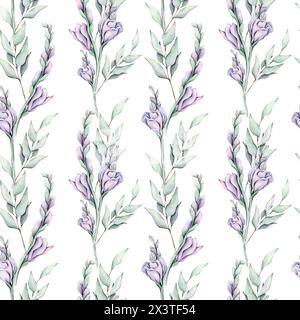 Seamless pattern with watercolor leaves and purple flowers Stock Photo