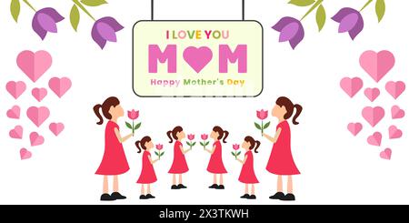 Little kid girl holding flower I Love You Mom. Happy Mother's Day greeting card vector banner illustration design. Mother day template for celebration Stock Vector