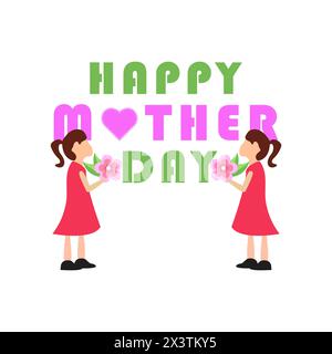 Girl holding flowers to celebrate mother day vector template with text happy mother day with heart and flowers for celebration international holiday Stock Vector