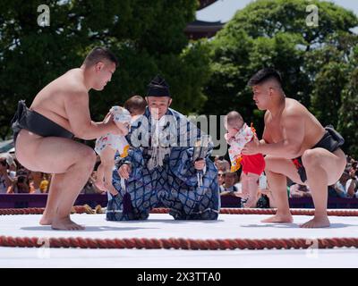 Beijing, Japan. 28th Apr, 2024. Sumo wrestlers hold children during the Naki Sumo Crying Baby Contest in Tokyo, Japan, on April 28, 2024. Naki Sumo is a traditional ceremony performed as a prayer for healthy growth. Credit: Zhang Xiaoyu/Xinhua/Alamy Live News Stock Photo