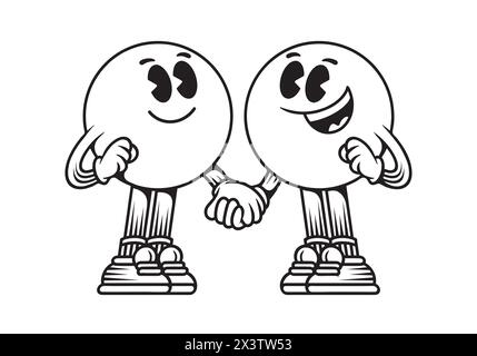 Line art mascot character of two ball head, in hand in hand pose Stock Vector