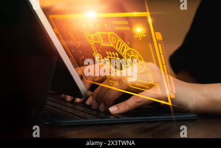 AI generated tools, Industrial technology concept. Factory automation with Robot hand tech virtual screen while businessman's hand work with laptop co Stock Photo