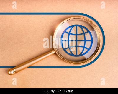 Internet online data searching, worldwide information on web browser networking concept. Blue digital global icon on magnifying glass lens on search e Stock Photo