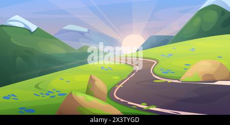 Summer sunset or sunrise mountains landscape with winding road, green grass and rocks on roadside. Cartoon vector morning or evening sunny scenery with empty asphalt serpentine highway and hills. Stock Vector