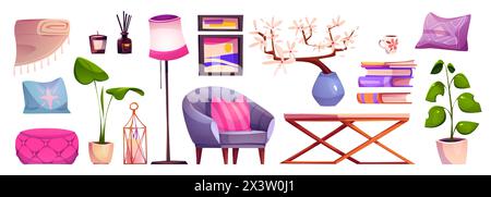 Living room interior furniture and decorative elements - pink ottoman and pillows, armchair and plants in flowerpot, table and lamp, aroma candles and wall pictures. Cartoon vector illustration set. Stock Vector