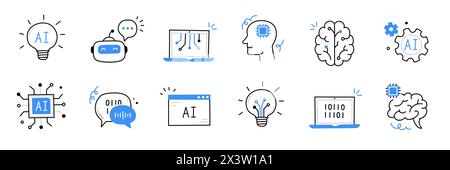 Artificial ai brain icon. Ai machine digital robot hand drawn doodle line icon. Artificial brain algorithm machine science concept. Hand drawn sketch style cute blue line. Vector illustration Stock Vector