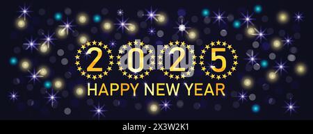 Happy New Year 2025. Greeting card with glittering stars and bokeh lights. Vector illustration Stock Vector