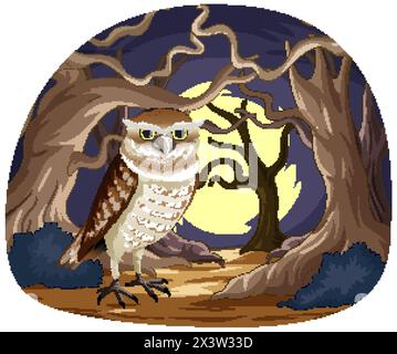 Owl stands alert in a spooky, moonlit woodland. Stock Vector
