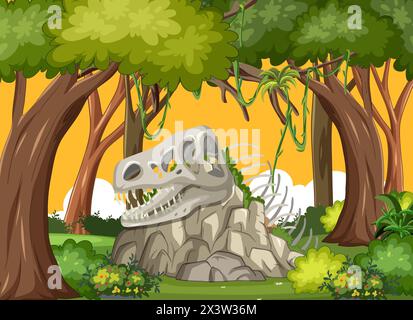 Cartoon dinosaur skull among lush forest trees. Stock Vector