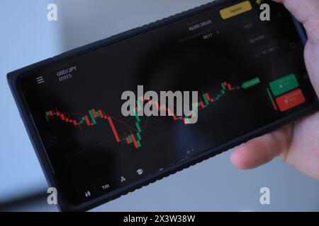 Trading on stock market with smartphone. Close up photo. Stock Photo
