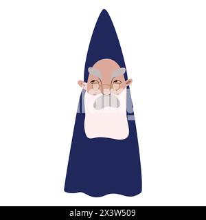 An old dwarf with a gray beard and mustache, glasses, a blue robe and a pointed cap.. Wizard. Character. Vector illustration for packaging, greeting Stock Vector