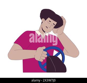 Exhausted latin american man driving car 2D linear cartoon character Stock Vector