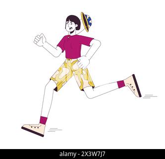 Scared asian female tourist running 2D linear cartoon character Stock Vector
