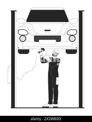 Black man mechanic repairing car on elevator black and white cartoon flat illustration Stock Vector