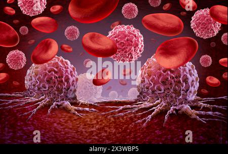 Leukemia and Cancer in the blood outbreak and treatment for malignant cells in a human body caused by carcinogens and genetics with a cancerous cell a Stock Photo