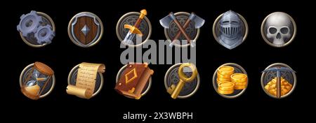 Game asset icons. Shield, sword, golden money coins, magic or spell book. Gold nuggets with pickaxe and scroll, hourglass, knight armor, skull and cog Stock Vector