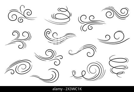 Doodle wind motion. Isolated vector set of abstract air swirls, blow waves, curve spirals in black colors, capturing the dynamic essence of movement a Stock Vector