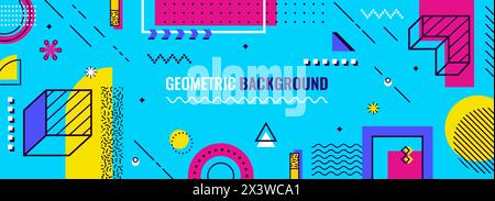 Abstract modern Memphis background, geometric banner. Vector horizontal eye-catching pattern, bold graphic design or art composition with shapes and t Stock Vector