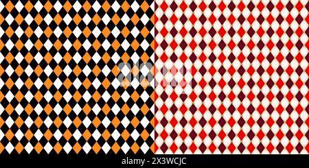 Harlequin patterns, rhombus lozenge pattern. Vector seamless ornaments in circus style with diamond-shaped motifs in contrasting colors. Repetitive ti Stock Vector