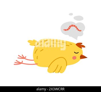 Cute chick cartoon character peacefully slumbers, dreaming of a vibrant worm in its imagination. Isolated vector adorable, feathered baby hen bird per Stock Vector
