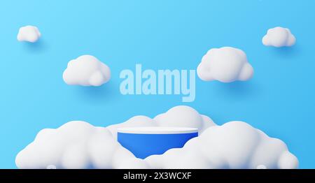Kids podium with white fluffy clouds. Round blue and white stage. 3d vector platform or pedestal render mockup for children products displaying. Cloud Stock Vector