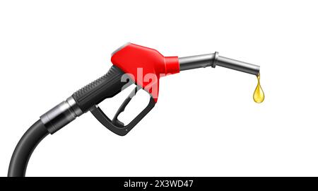 Realistic fuel nozzle, isolated 3d vector gas gun with dripping yellow drop of petroleum. Fueling pistol for petrol or gasoline fill, oil handle pump Stock Vector