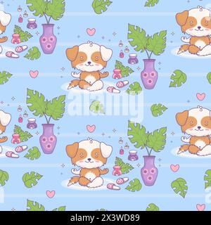 Seamless pattern with dog meditating on blue background with aroma lamp with candles and vase with tropical leaves. Cute funny kawaii animal character Stock Vector