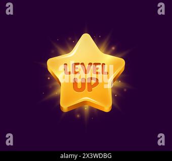 Level up rank star for game interface of badge with shine, vector bonus award medal. Level up pop up badge with golden star with shiny glow for video Stock Vector