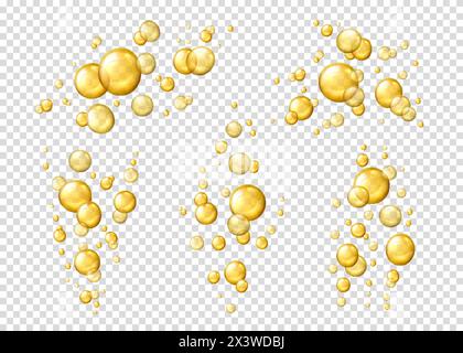Liquid oil bubbles, yellow collagen serum. Isolated 3d vector realistic shiny drops, gold cosmetic pills or capsules. Oily vitamin essence droplets. O Stock Vector