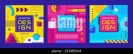 Abstract geometric Memphis banners. Vector playful cards or media posts. Modern square templates, feature vibrant colors, simple shapes and bold patte Stock Vector