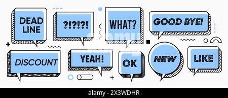 Blue Memphis speech bubbles and chat message frames with text, vector thin line. Message bubbles with discount, Yeah and What or Good Bye and Ok speec Stock Vector