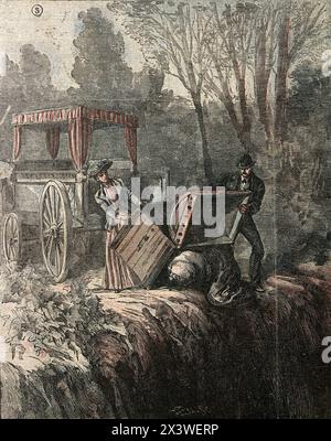 History of Crime, disposal of body, The Gouffé Case, Murder of Toussaint-Augustin Gouffé of Montmartre, Paris, 1889, Disposing of the body in the trunk Stock Photo