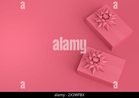 Gift boxes with ribbon and bow flying and falling on monochrome background. 3d render concept of greeting design Birthday, Merry Christmas, Black frid Stock Photo