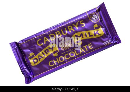 Bar of Cadbury's Dairy Milk milk chocolate bar isolated on white background - 1940 Cadbury Dairy Milk milk chocolate limited edition  200 year bar Stock Photo