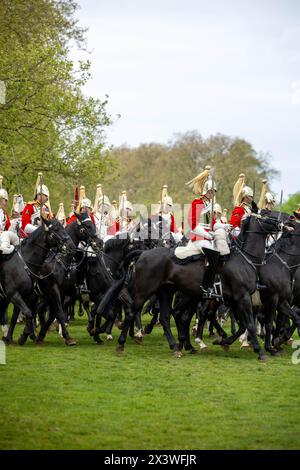 London, UK. 25th Apr, 2024. Massed ranks of the Household Division during the Major General's annual inspection of the Household Cavalry Mounted Regiment which is the ultimate test for the British Army's most spectacular and exacting ceremonial unit. It's a test they must pass in order to participate in upcoming State Ceremonial duties. Around 170 horses and personnel of the Household Cavalry Mounted Regiment leave Knightsbridge Barracks and head to the 'Football Pitch'' area of Hyde Park to form up and be inspected by the General Officer Commanding the Household Division. Stock Photo