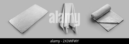 Mockup of a white terry towel, unfolded, rolled, fluffy cloth for drying on a hanger. Set of soft towelette isolated on background. Fashionable domest Stock Photo