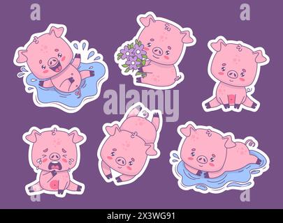 Cute funny pig stickers collection. Smiling piggy in water, with bouquet of flowers, happy and unhappy crying. Isolated cartoon kawaii animal characte Stock Vector