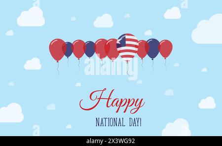 Liberia Independence Day Sparkling Patriotic Poster. Row of Balloons in Colors of the Liberian Flag. Greeting Card with National Flags, Blue Skyes and Stock Vector